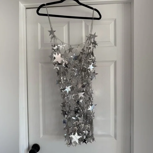 Silver Star Chainmail Mini Dress Festival Rave Metallic Party OS - Picture 7 of 9